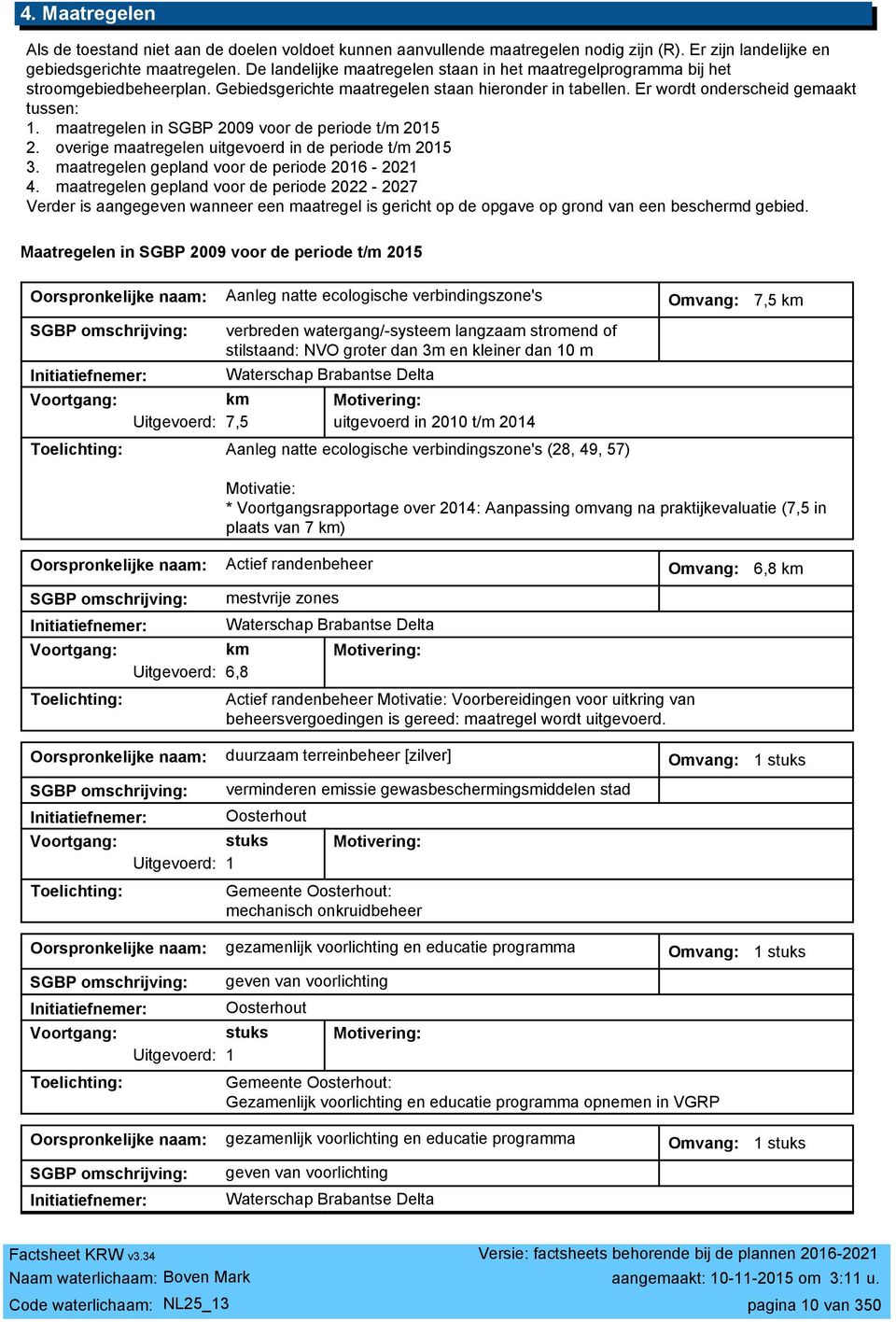 maatregelen in SGBP 009 voor de periode t/m 015. overige maatregelen uitgevoerd in de periode t/m 015 3. maatregelen gepland voor de periode 016-01 4.