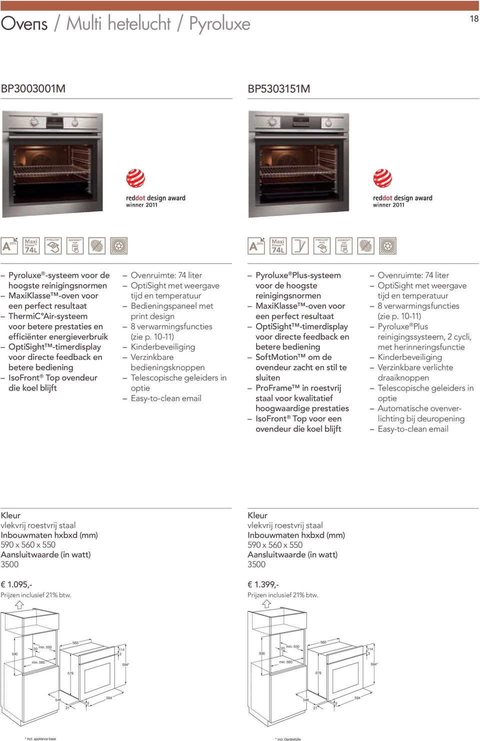 Bedieningspaneel met print design 8 verwarmingsfuncties Verzinkbare bedieningsknoppen Telescopische geleiders in optie Pyroluxe Plus-systeem voor de hoogste reinigingsnormen MaxiKlasse -oven voor een