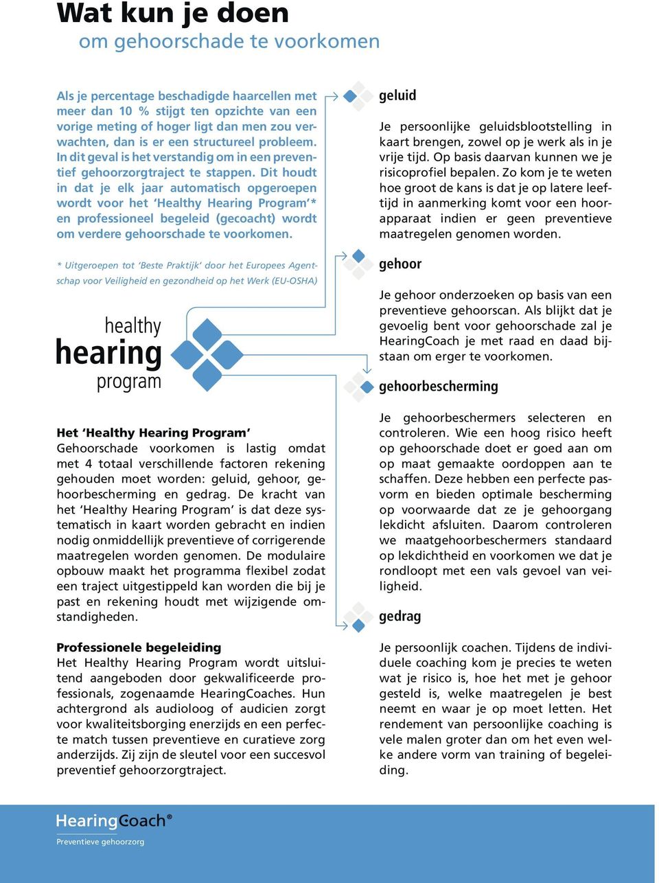 Dit houdt in dat je elk jaar automatisch opgeroepen wordt voor het Healthy Hearing Program * en professioneel begeleid (gecoacht) wordt om verdere gehoorschade te voorkomen.