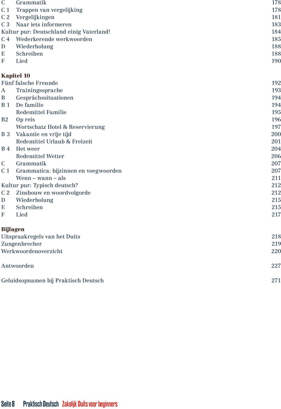 Familie 195 B2 Op reis 196 Wortschatz Hotel & Reservierung 197 B 3 Vakantie en vrije tijd 200 Redemittel Urlaub & Freizeit 201 B 4 Het weer 204 Redemittel Wetter 206 C Grammatik 207 C 1 Grammatica: