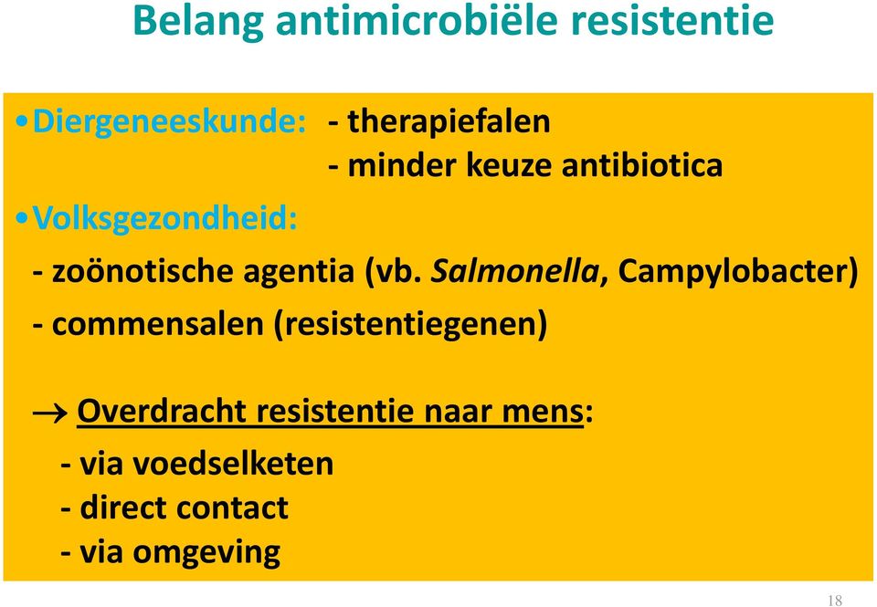 Salmonella, Campylobacter) - commensalen (resistentiegenen) Overdracht