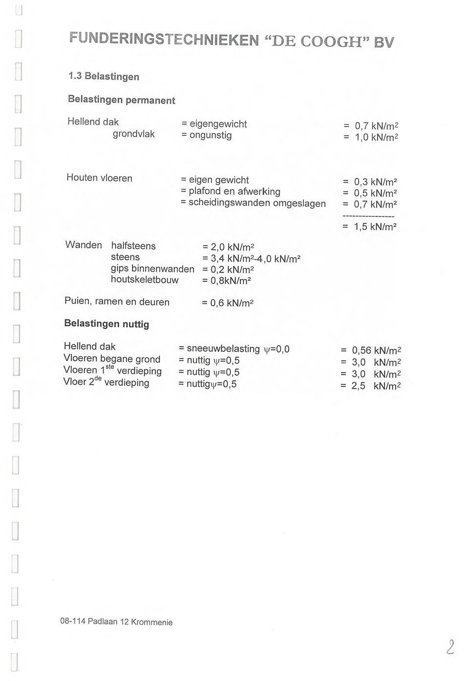 scheidingswanden omgeslagen =,3 kn/m 2 =,5 kn/m 2 =,7 kn/m 2 = 1,5 kn/m 2 Wanden halfsteens = 2, kn/m 2 steens = 3,4 kn/m 24, kn/m 2 gips binnenwanden =,2 kn/m 2