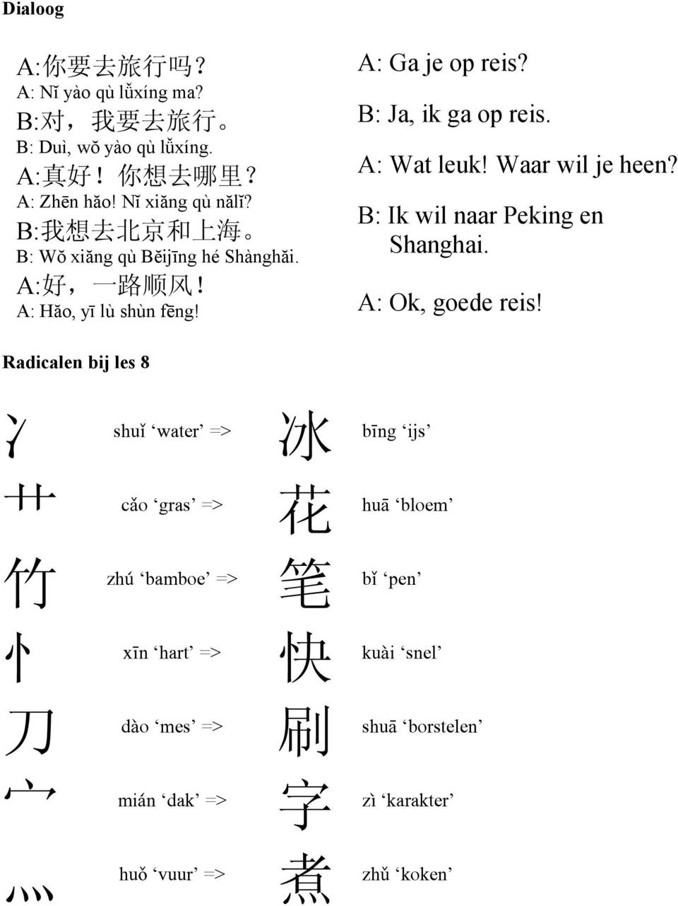A:好 一路顺风 B: Ik wil naar Peking en Shanghai. A: Ok, goede reis! A: Hăo, yī lù shùn fēng!