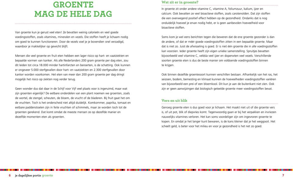 Mensen die veel groente en fruit eten hebben een lager risico op hart- en vaatziekten en bepaalde vormen van kanker. Als alle Nederlanders 200 gram groente per dag eten, zou dit leiden tot circa 18.