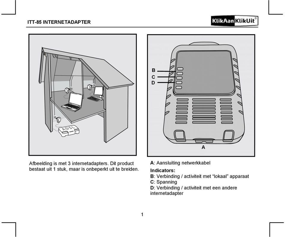 A: Aansluiting netwerkkabel Indicators: B: Verbinding / activiteit