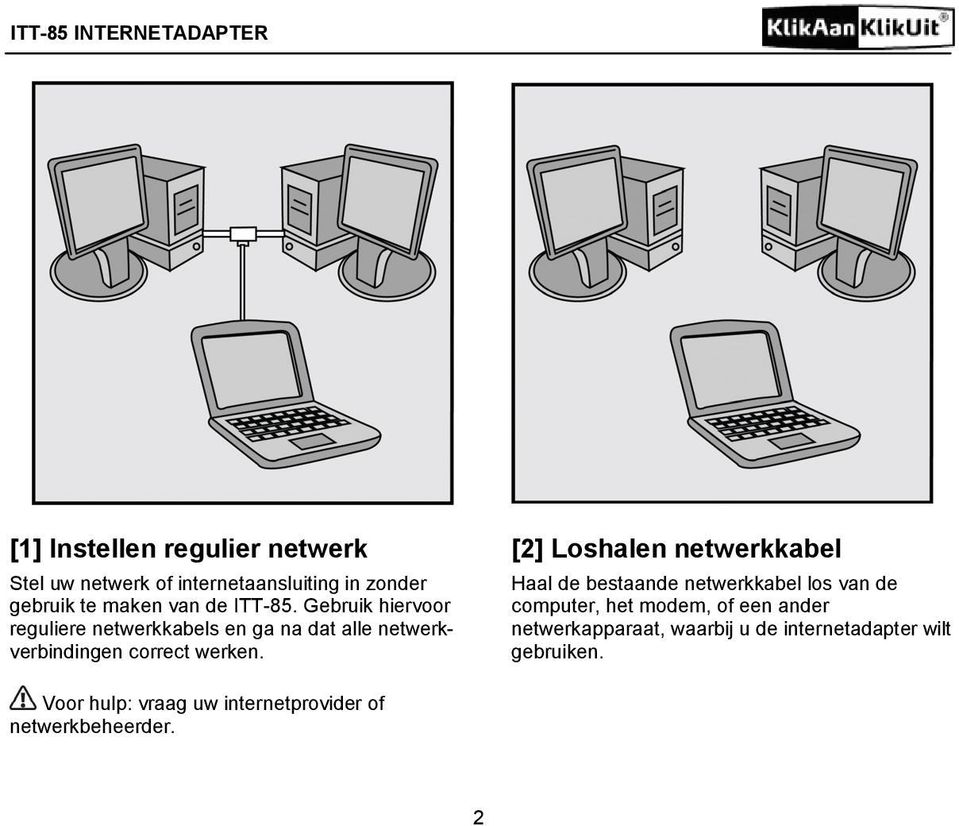 Gebruik hiervoor reguliere netwerkkabels en ga na dat alle netwerkverbindingen correct werken.