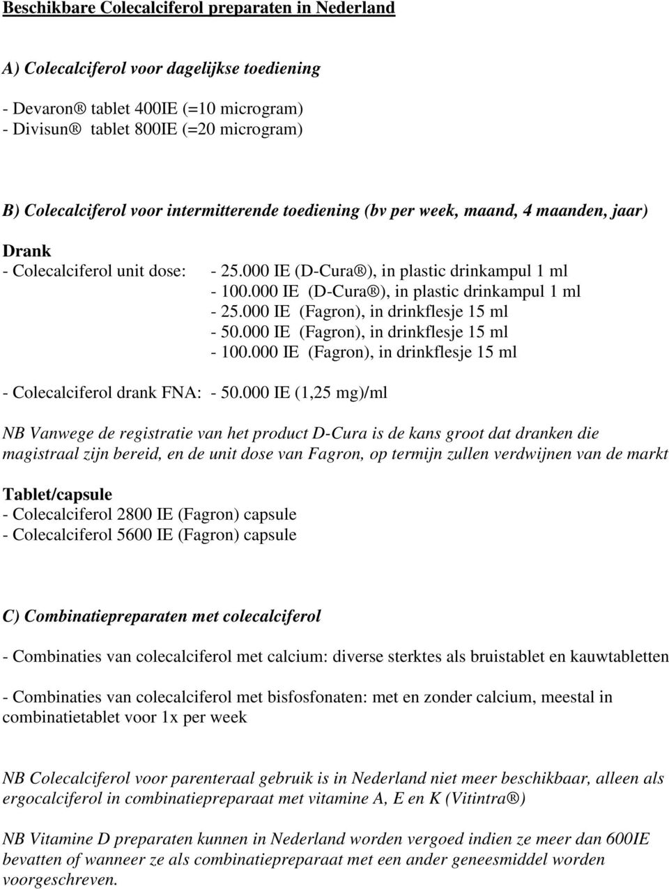 000 IE (D-Cura ), in plastic drinkampul 1 ml - 25.000 IE (Fagron), in drinkflesje 15 ml - 50.000 IE (Fagron), in drinkflesje 15 ml - 100.