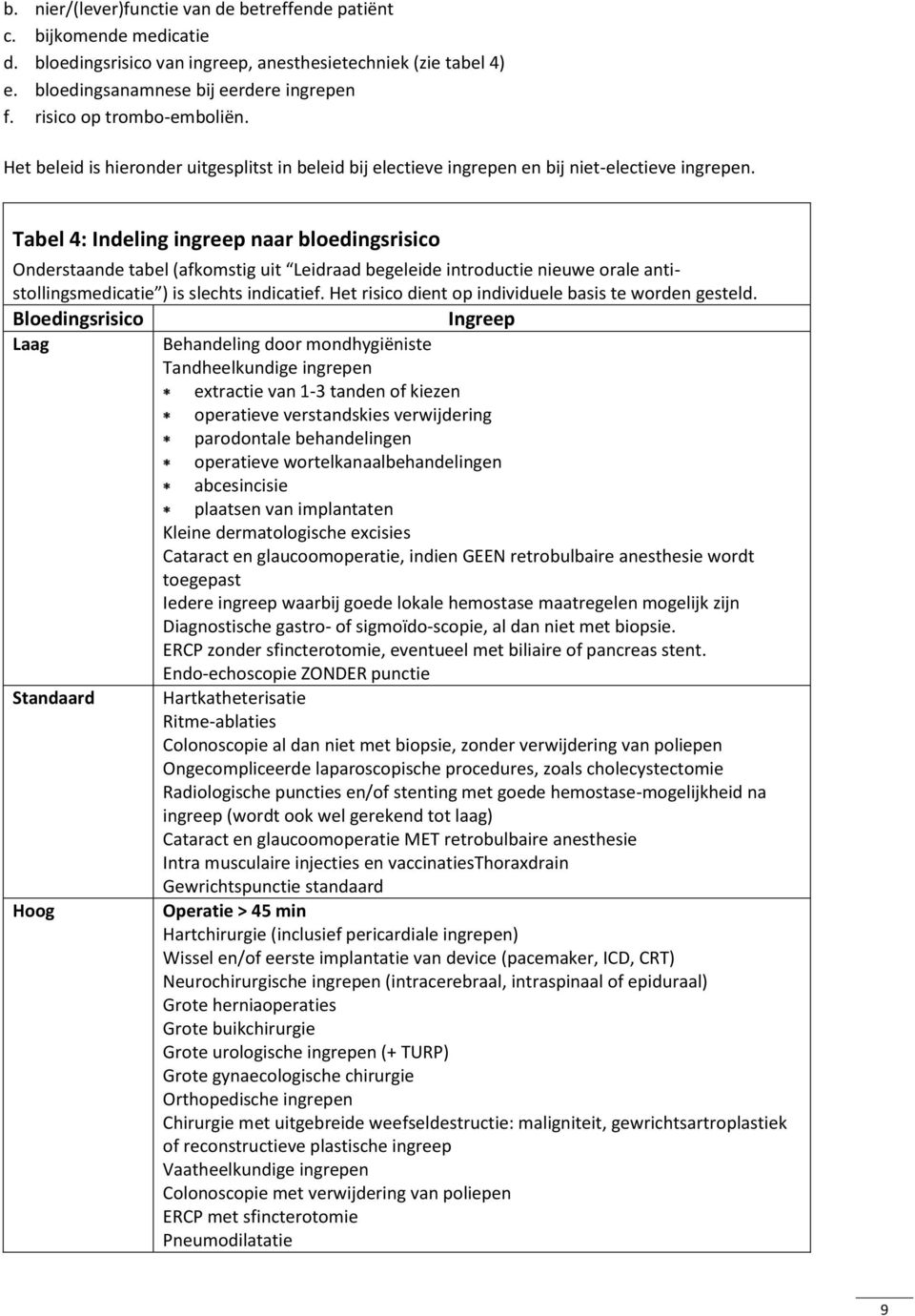 Tabel 4: Indeling ingreep naar bloedingsrisico Onderstaande tabel (afkomstig uit Leidraad begeleide introductie nieuwe orale antistollingsmedicatie ) is slechts indicatief.