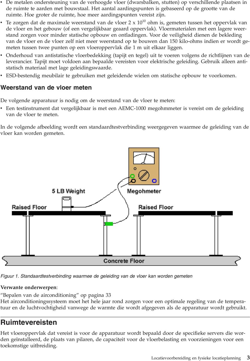 v Te zorgen dat de maximale weerstand van de vloer 2x10 10 ohm is, gemeten tussen het oppervlak van de vloer en het gebouw (of een vergelijkbaar geaard oppervlak).