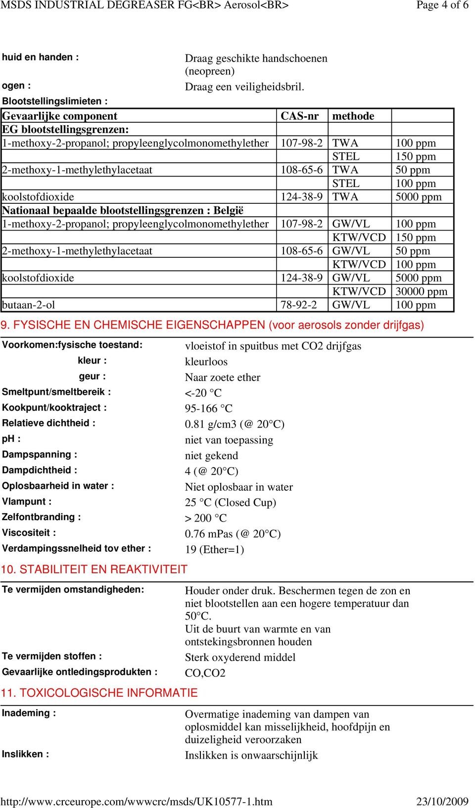 2-methoxy-1-methylethylacetaat 108-65-6 TWA 50 ppm STEL 100 ppm koolstofdioxide 124-38-9 TWA 5000 ppm Nationaal bepaalde blootstellingsgrenzen : België 1-methoxy-2-propanol;