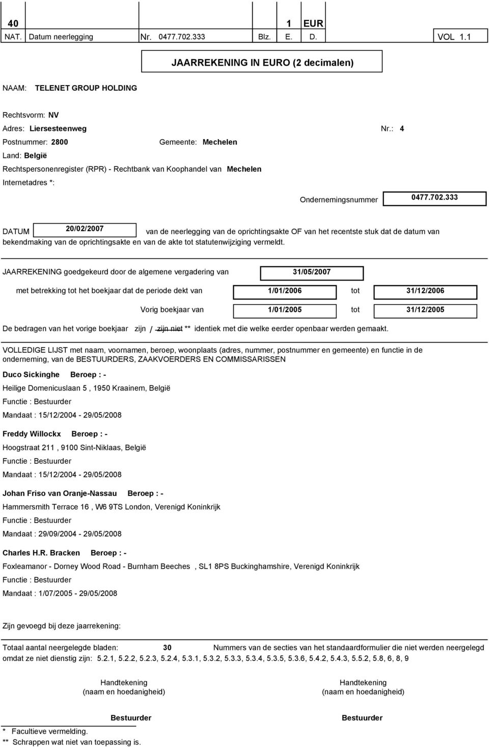 333 DATUM 20/02/2007 van de neerlegging van de oprichtingsakte OF van het recentste stuk dat de datum van bekendmaking van de oprichtingsakte en van de akte tot statutenwijziging vermeldt.