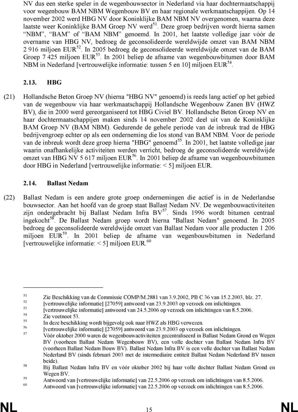 In 2001, het laatste volledige jaar vóór de overname van HBG NV, bedroeg de geconsolideerde wereldwijde omzet van BAM NBM 2 916 miljoen EUR 52.