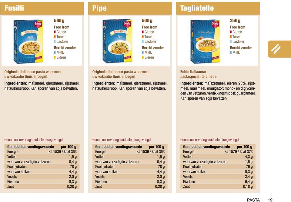 Echte Italiaanse pastaspecialiteit met ei Ingrediënten: maïszetmeel, eieren 23%, rijstmeel, maïsmeel, emulgator: mono- en diglyceriden van vetzuren, verdikkingsmiddel: guarpitmeel.
