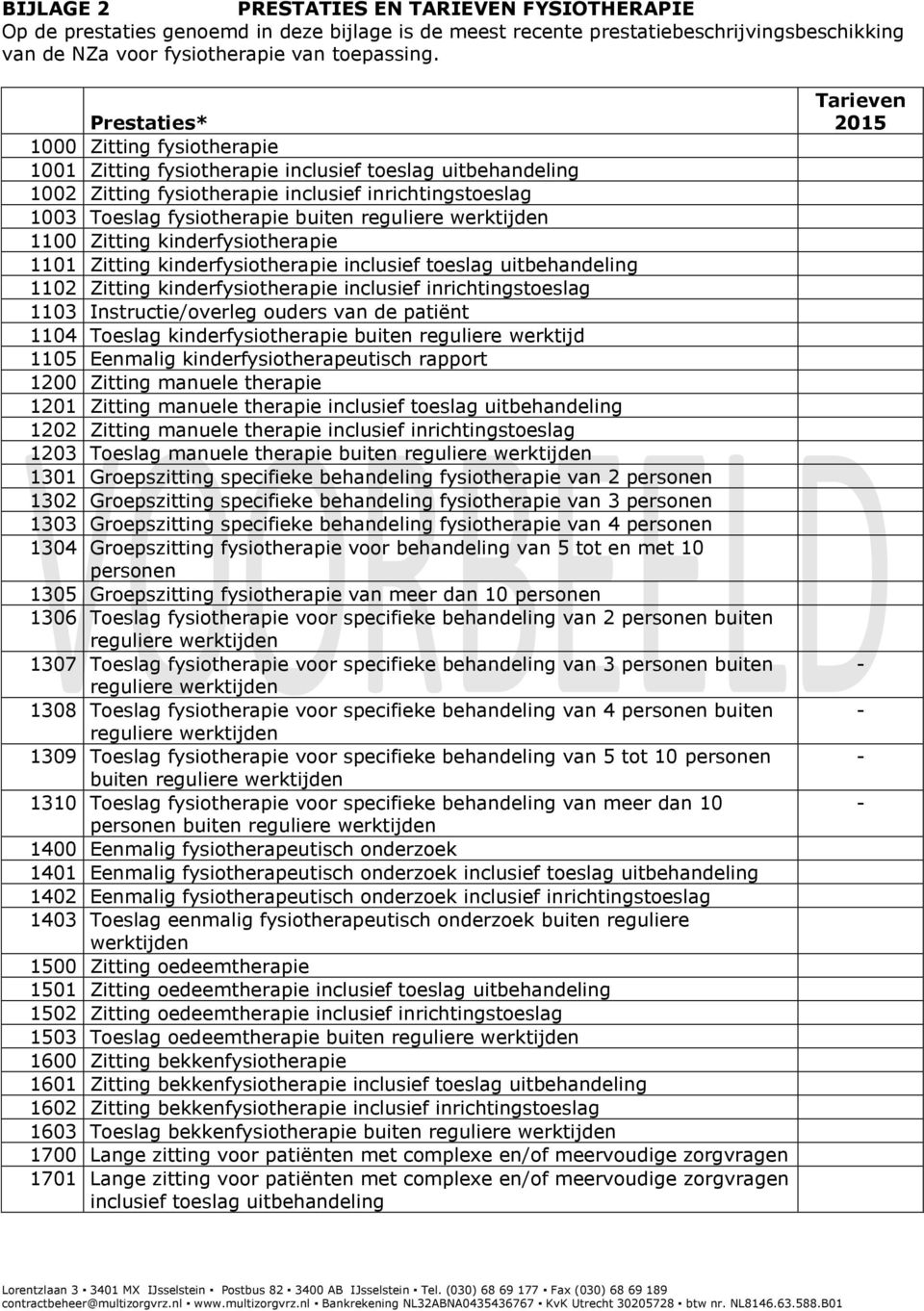 werktijden 1100 Zitting kinderfysiotherapie 1101 Zitting kinderfysiotherapie inclusief toeslag uitbehandeling 1102 Zitting kinderfysiotherapie inclusief inrichtingstoeslag 1103 Instructie/overleg