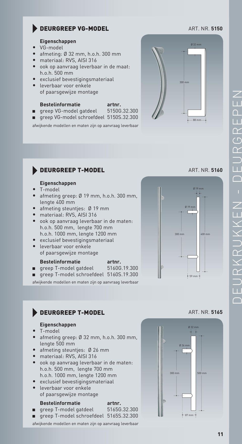 32.300 n greep VG-model schroefdeel 5150S.32.300 afwijkende modellen en maten zijn op aanvraag leverbaar T-model 5150 VG-model Ø mm afmeting greep: Ø 19 mm, h.o.h. 300 mm, lengte 400 mm afmeting steuntjes: Ø 19 mm materiaal: RVS, AISI 316 ook op aanvraag leverbaar in de maten: h.