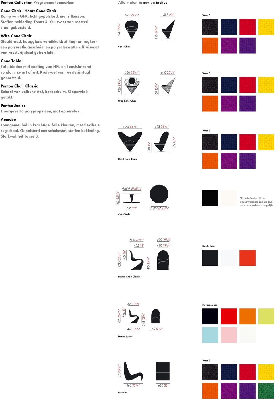 820 32 1 /4 Cone Chair 570 22 1 /2 450 17 3 /4 585 23 Tonus 3 Cone Table Tafelbladen met coating van HPL en kunststofrand rondom, zwart of wit. Kruisvoet van roestvrij staal geborsteld.