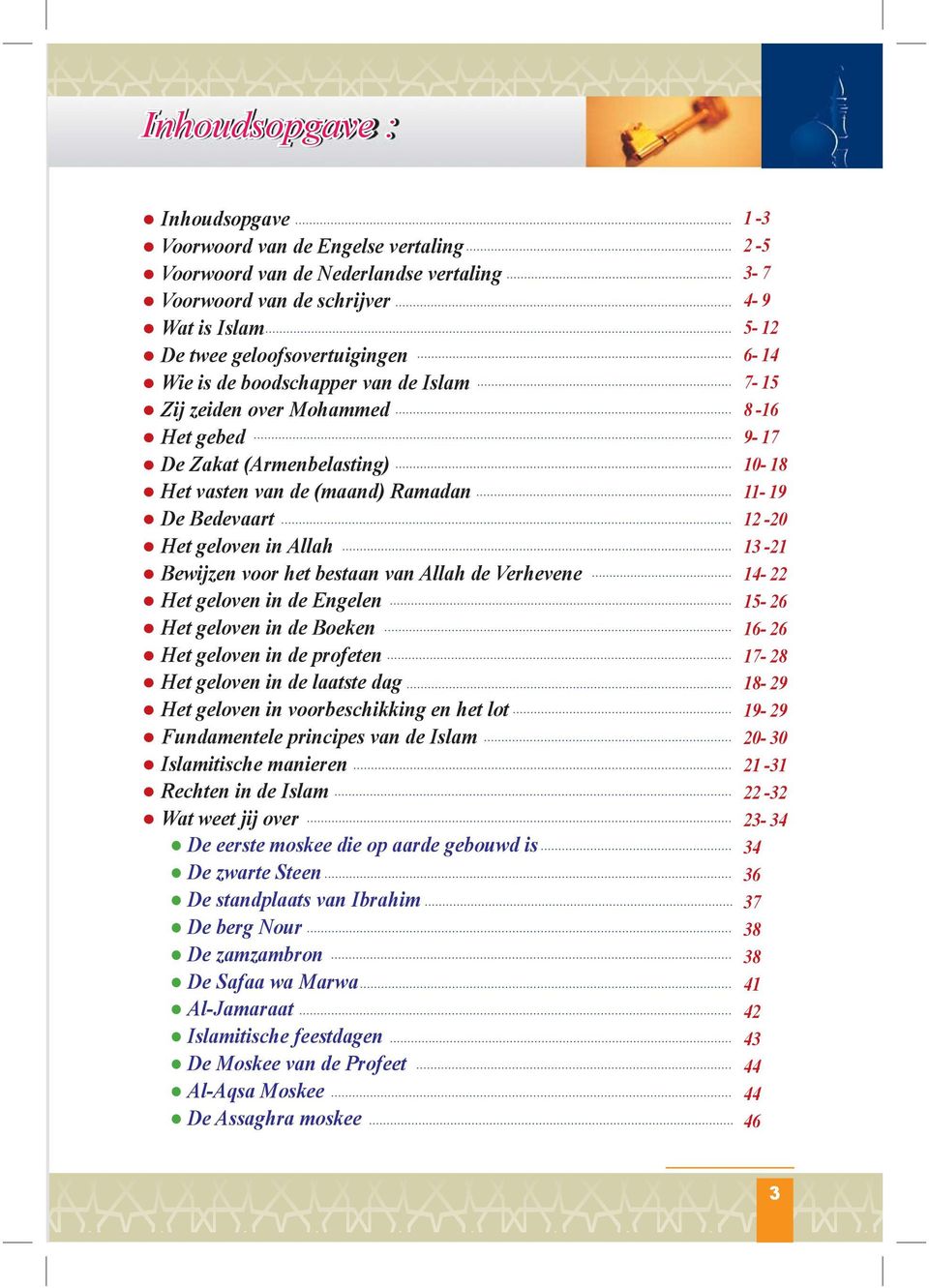 het bestaan van Allah de Verhevene Het geloven in de Engelen Het geloven in de Boeken Het geloven in de profeten Het geloven in de laatste dag Het geloven in voorbeschikking en het lot Fundamentele