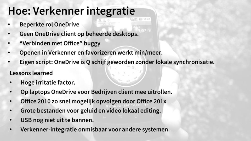 Eigen script: OneDrive is Q schijf geworden zonder lokale synchronisatie. Lessons learned Hoge irritatie factor.