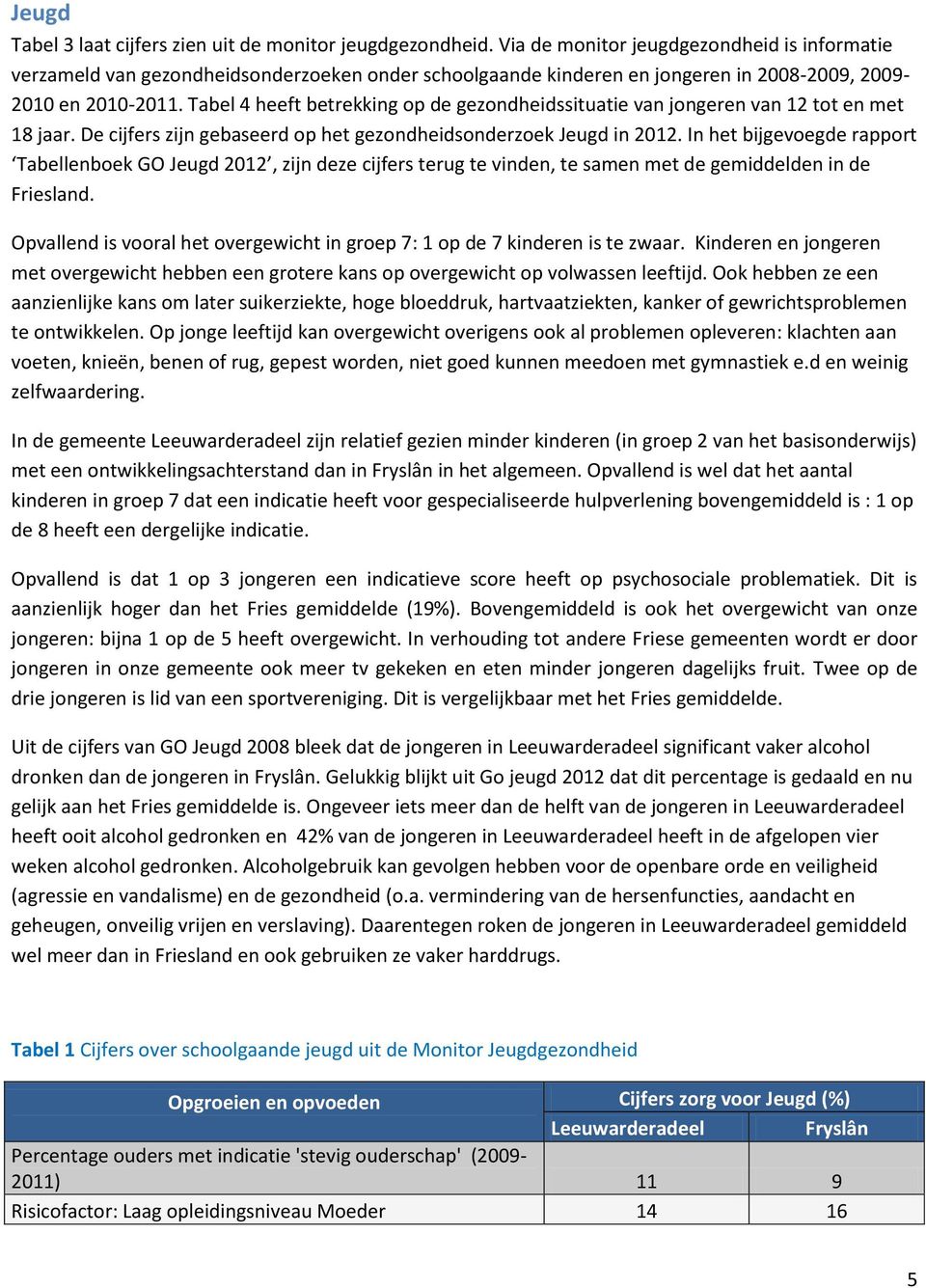 Tabel 4 heeft betrekking op de gezondheidssituatie van jongeren van 12 tot en met 18 jaar. De cijfers zijn gebaseerd op het gezondheidsonderzoek Jeugd in 2012.