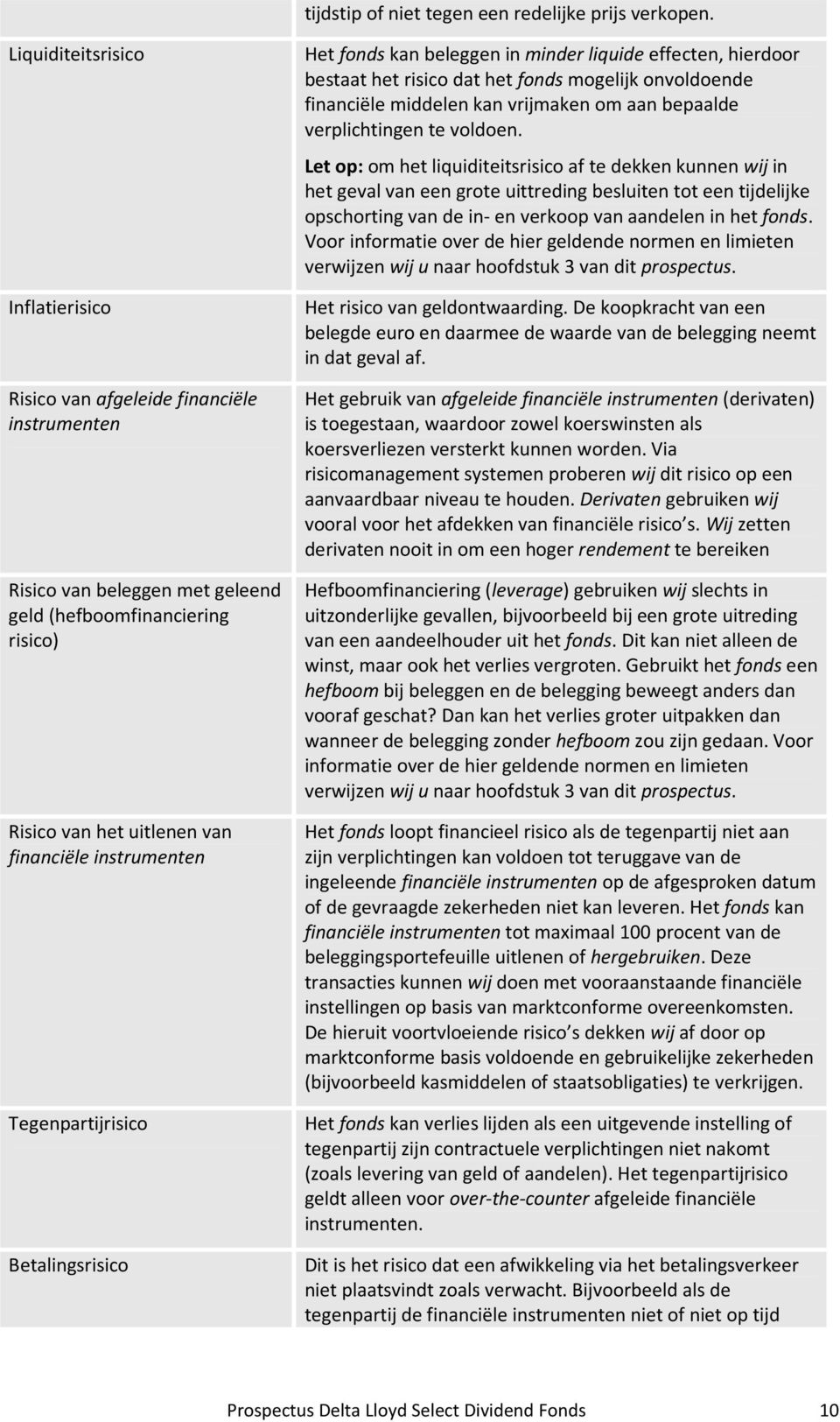 Tegenpartijrisico Betalingsrisico Het fonds kan beleggen in minder liquide effecten, hierdoor bestaat het risico dat het fonds mogelijk onvoldoende financiële middelen kan vrijmaken om aan bepaalde