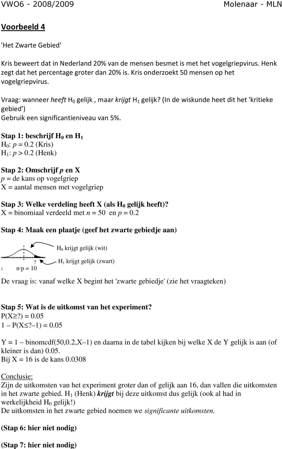 2 (Henk) Stap 2: Omschrijf p en X p = de kans op vogelgriep X = aantal mensen met vogelgriep X = binomiaal verdeeld met n = 50 en p = 0.2? H 1 krijgt gelijk (zwart) n p = 10 De vraag is: vanaf welke X begint het 'zwarte gebiedje' (zie het vraagteken) P(X?