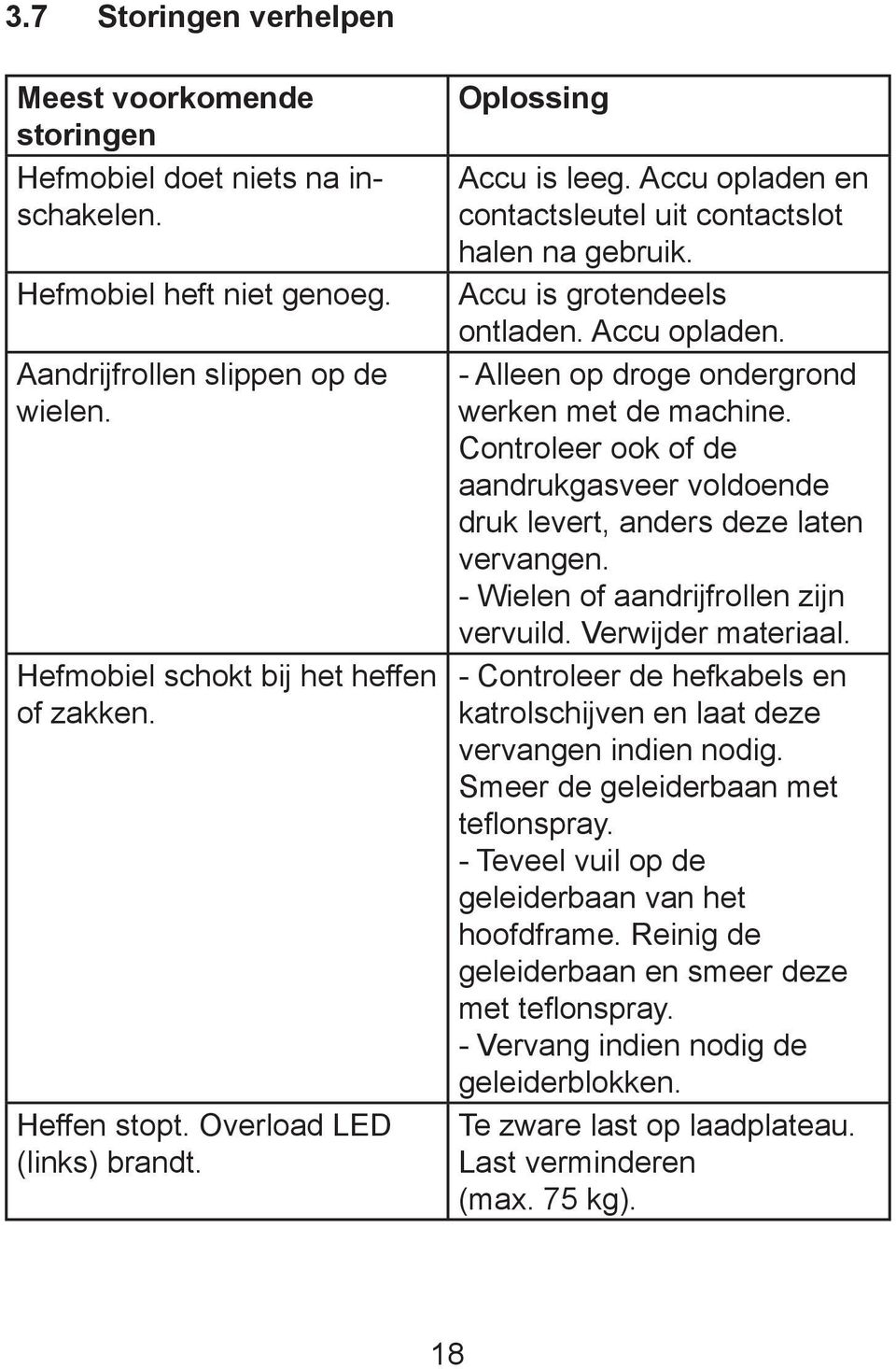 Controleer ook of de aandrukgasveer voldoende druk levert, anders deze laten vervangen. - Wielen of aandrijfrollen zijn vervuild. Verwijder materiaal.