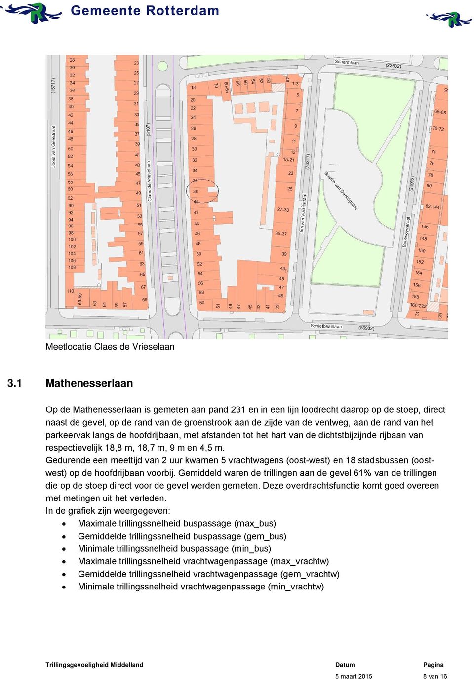 rand van het parkeervak langs de hoofdrijbaan, met afstanden tot het hart van de dichtstbijzijnde rijbaan van respectievelijk 18,8 m, 18,7 m, 9 m en 4,5 m.