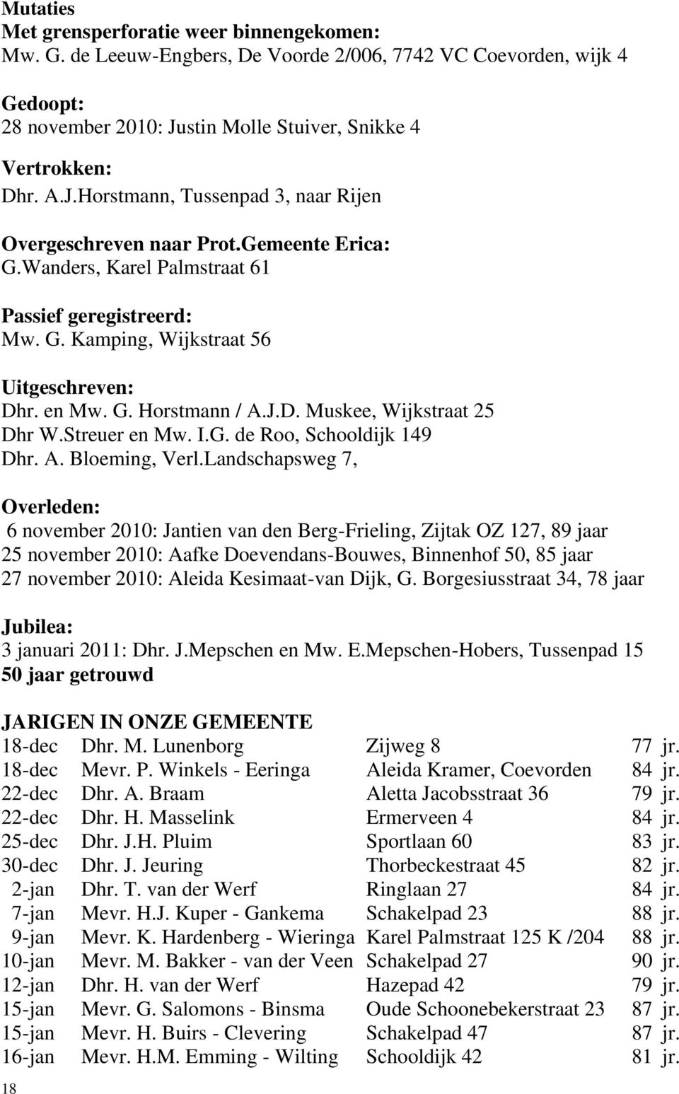 en Mw. G. Horstmann / A.J.D. Muskee, Wijkstraat 25 Dhr W.Streuer en Mw. I.G. de Roo, Schooldijk 149 Dhr. A. Bloeming, Verl.