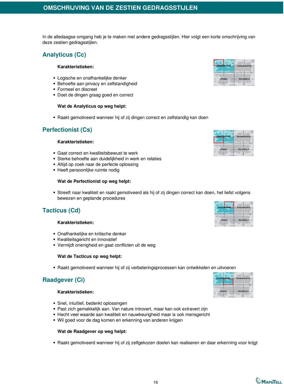 wanneer hij of zij dingen correct en zelfstandig kan doen Perfectionist (Cs) Gaat correct en kwaliteitsbewust te werk Sterke behoefte aan duidelijkheid in werk en relaties Altijd op zoek naar de