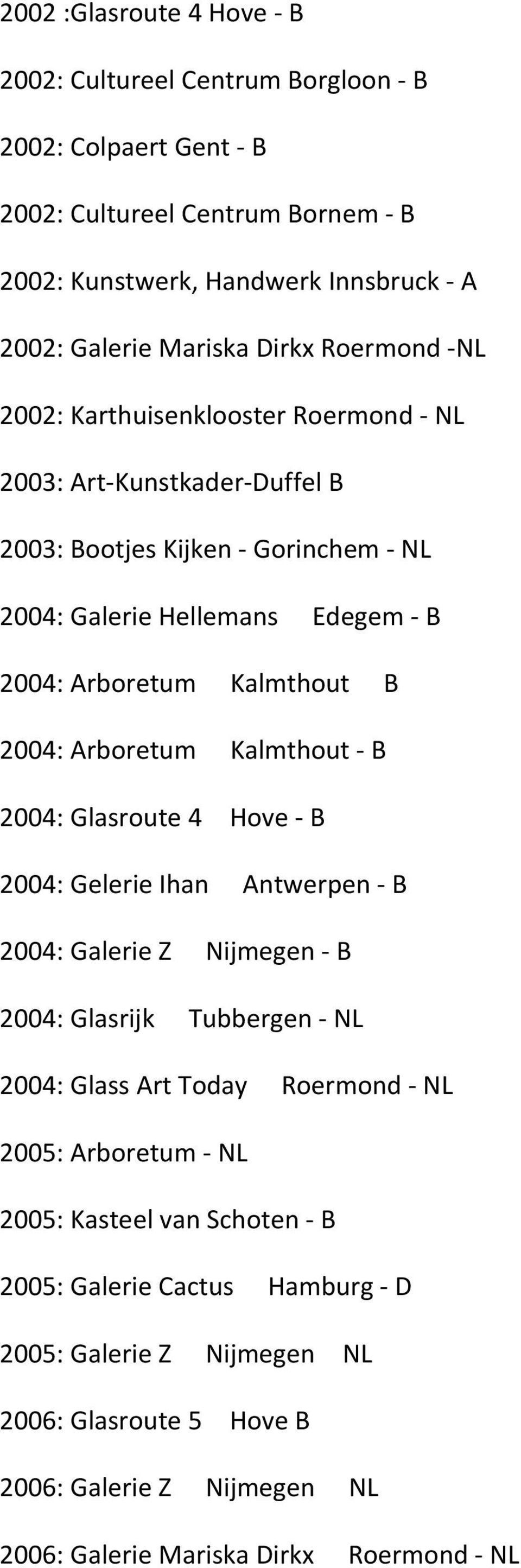 Arboretum Kalmthout B 2004: Glasroute 4 Hove B 2004: Gelerie Ihan Antwerpen B 2004: Galerie Z Nijmegen B 2004: Glasrijk Tubbergen NL 2004: Glass Art Today Roermond NL 2005: