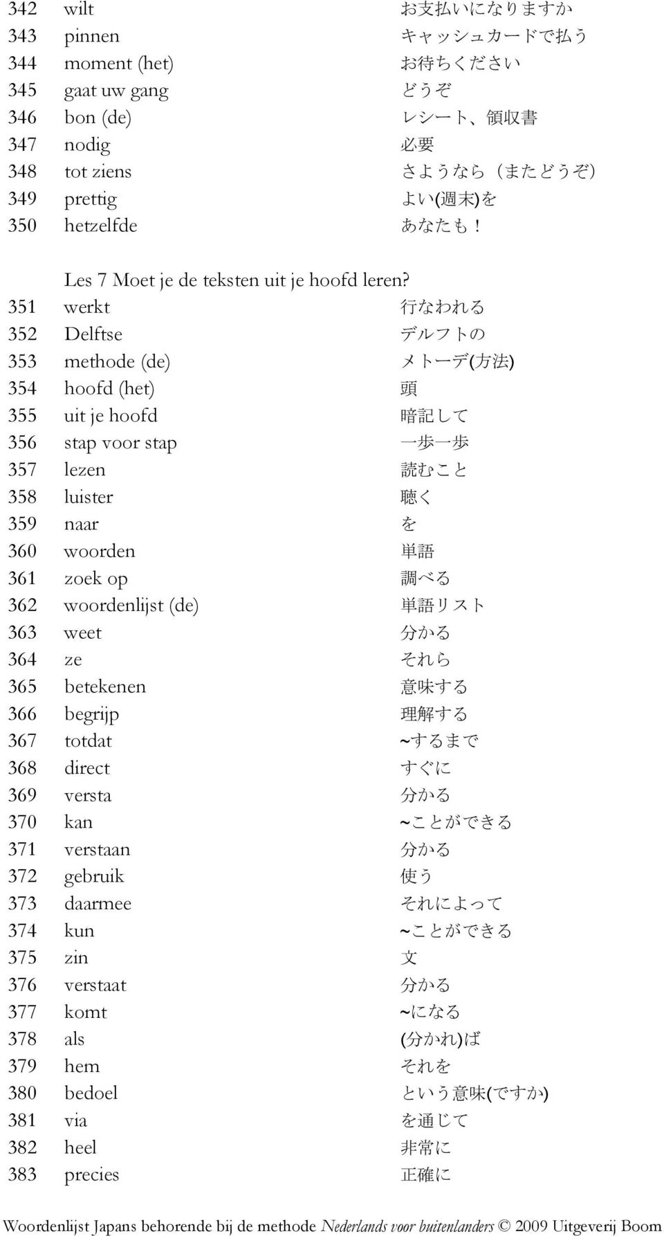 351 werkt 行 なわれる 352 Delftse デルフトの 353 methode (de) メトーデ( 方 法 ) 354 hoofd (het) 頭 355 uit je hoofd 暗 記 して 356 stap voor stap 一 歩 一 歩 357 lezen 読 むこと 358 luister 聴 く 359 naar を 360 woorden 単 語 361