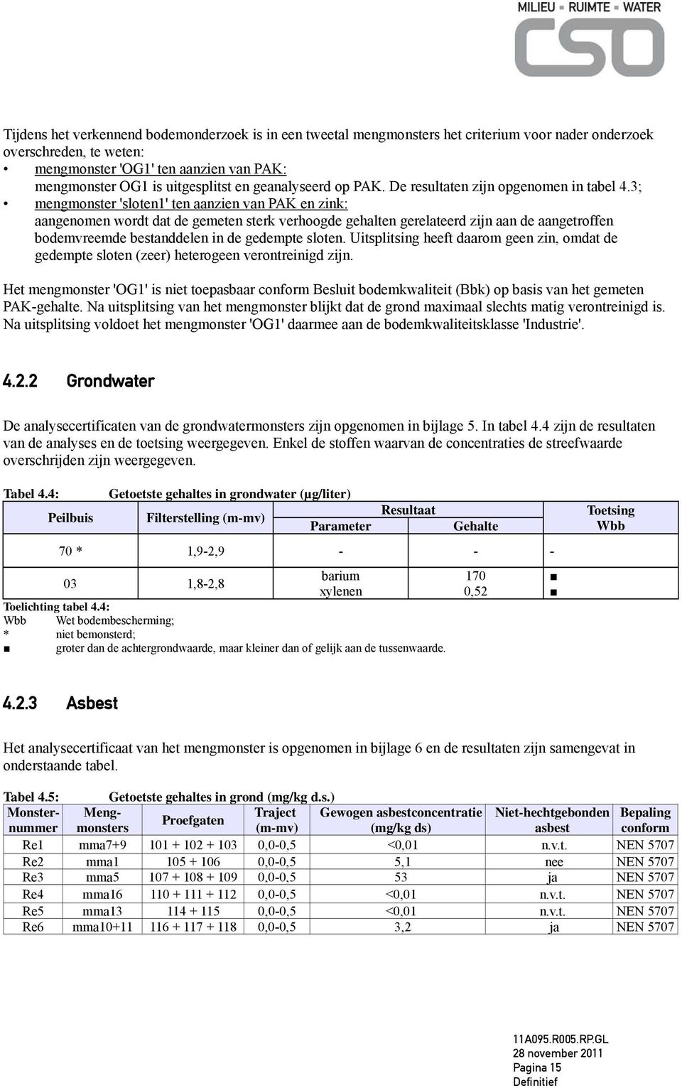 3; mengmonster 'sloten1' ten aanzien van PAK en zink: aangenomen wordt dat de gemeten sterk verhoogde gehalten gerelateerd zijn aan de aangetroffen bodemvreemde bestanddelen in de gedempte sloten.