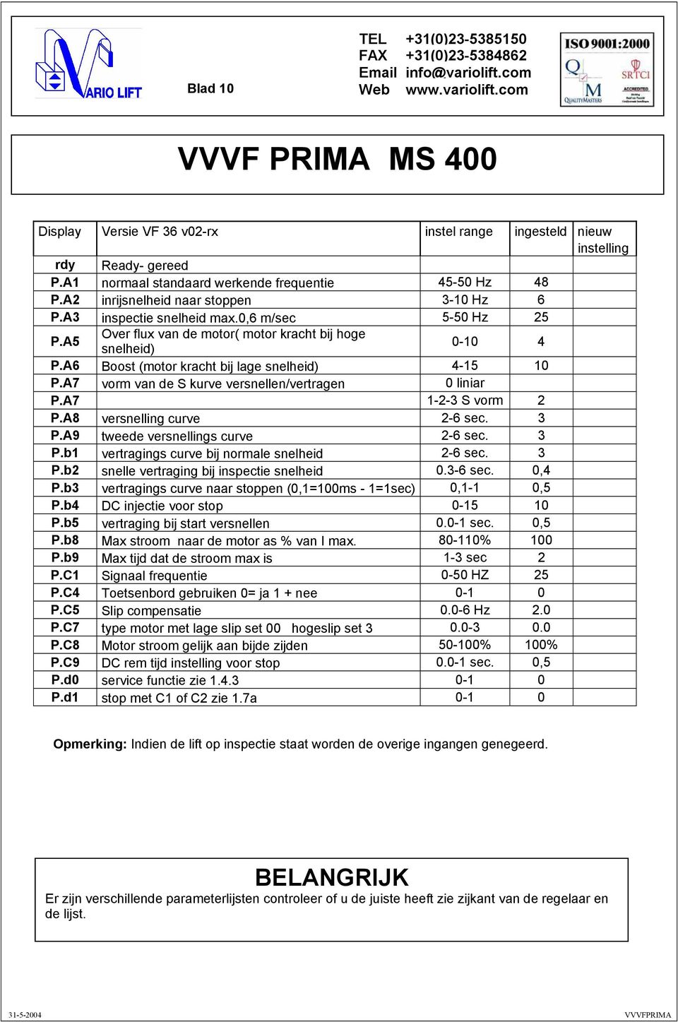 A7 vorm van de S kurve versnellen/vertragen 0 liniar P.A7 1-2-3 S vorm 2 P.A8 versnelling curve 2-6 sec. 3 P.A9 tweede versnellings curve 2-6 sec. 3 P.b1 vertragings curve bij normale snelheid 2-6 sec.