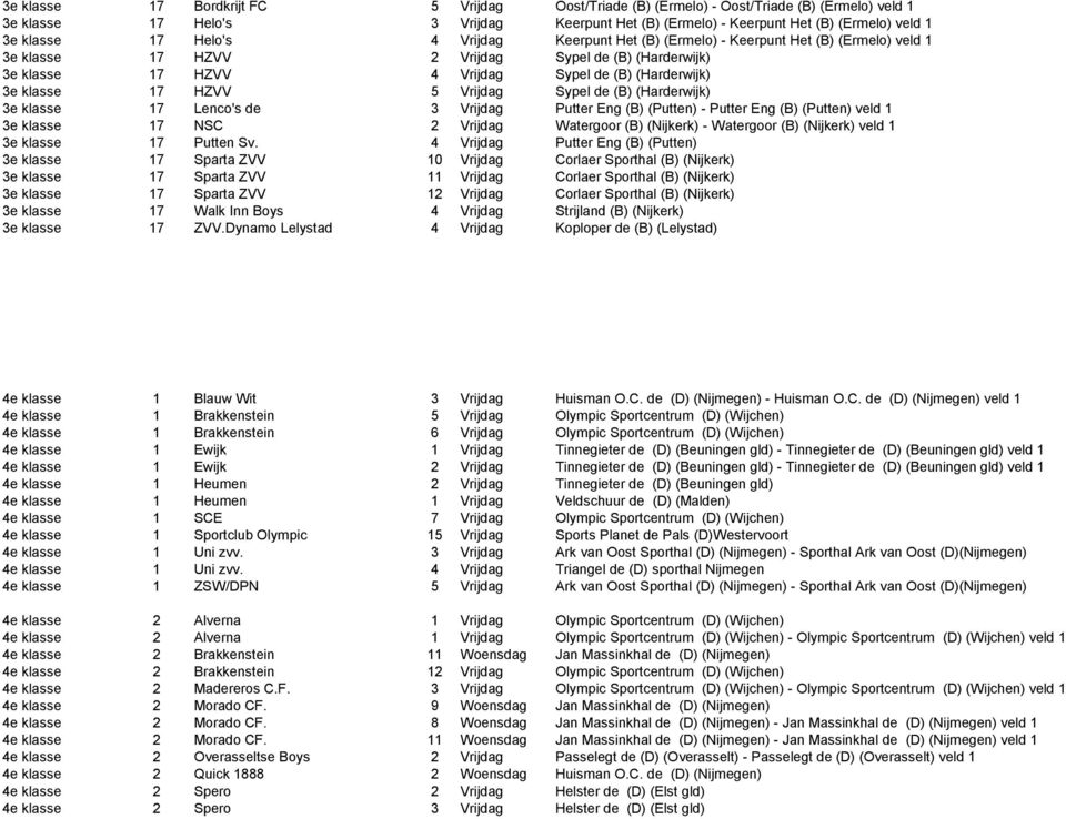 HZVV 5 Vrijdag Sypel de (B) (Harderwijk) 3e klasse 17 Lenco's de 3 Vrijdag Putter Eng (B) (Putten) - Putter Eng (B) (Putten) veld 1 3e klasse 17 NSC 2 Vrijdag Watergoor (B) (Nijkerk) - Watergoor (B)