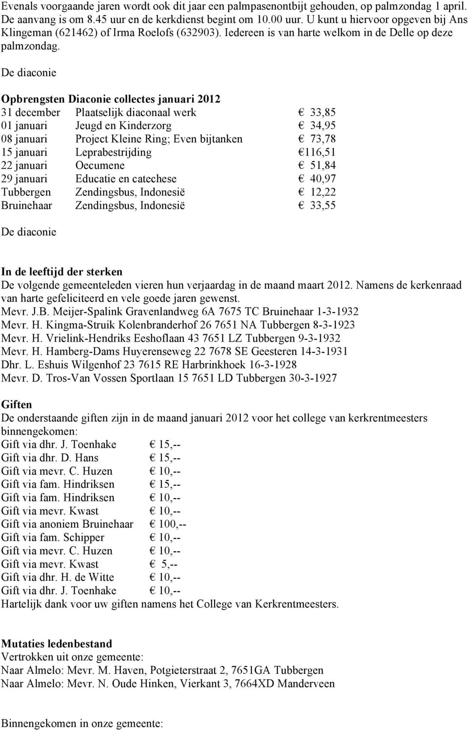 De diaconie Opbrengsten Diaconie collectes januari 2012 31 december Plaatselijk diaconaal werk 33,85 01 januari Jeugd en Kinderzorg 34,95 08 januari Project Kleine Ring; Even bijtanken 73,78 15