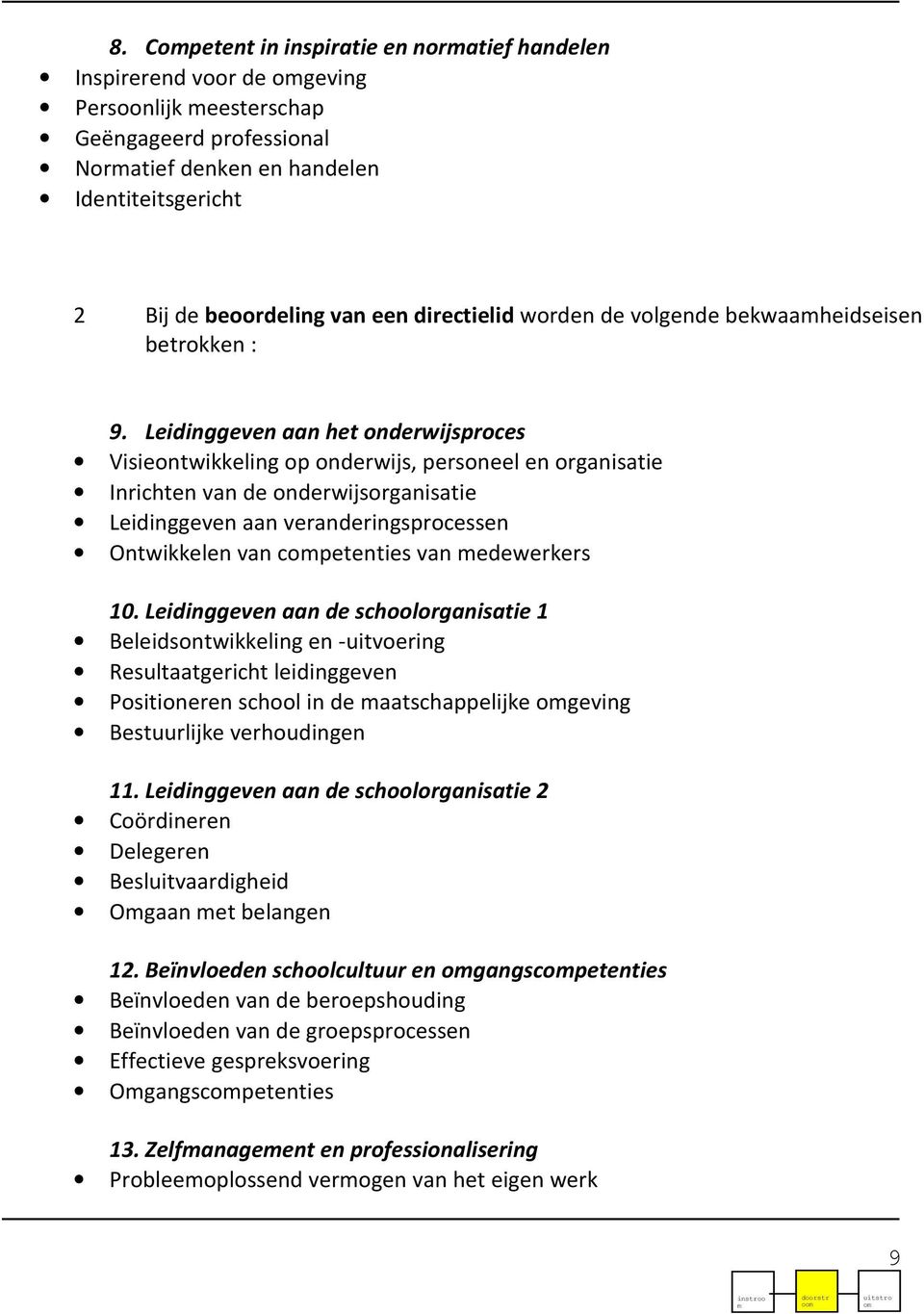 Leidinggeven aan het onderwijsproces Visieontwikkeling op onderwijs, personeel en organisatie Inrichten van de onderwijsorganisatie Leidinggeven aan veranderingsprocessen Ontwikkelen van cpetenties