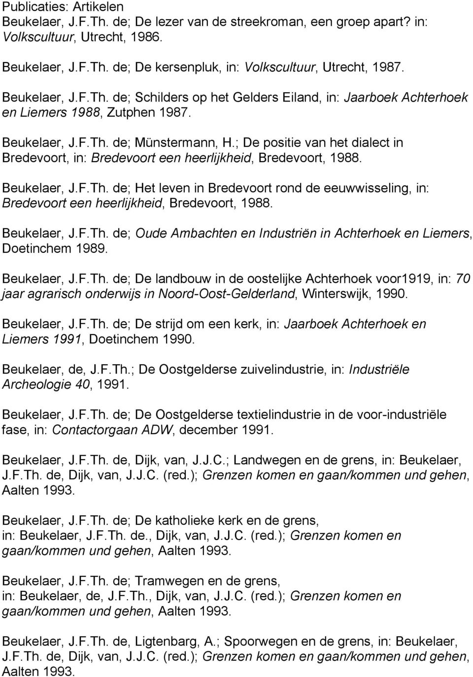 ; De positie van het dialect in Bredevoort, in: Bredevoort een heerlijkheid, Bredevoort, 1988. Beukelaer, J.F.Th.