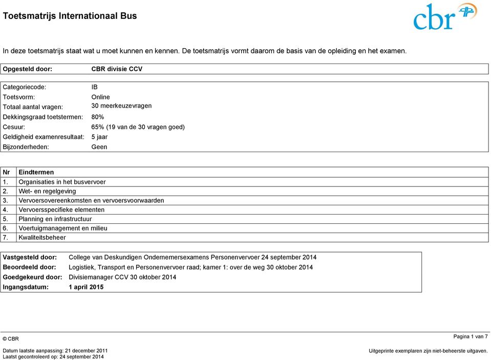 de 30 vragen goed) 5 jaar Geen Nr Eindtermen 1. Organisaties in het busvervoer 2. Wet- en regelgeving 3. Vervoersovereenkomsten en vervoersvoorwaarden 4. Vervoersspecifieke elementen 5.