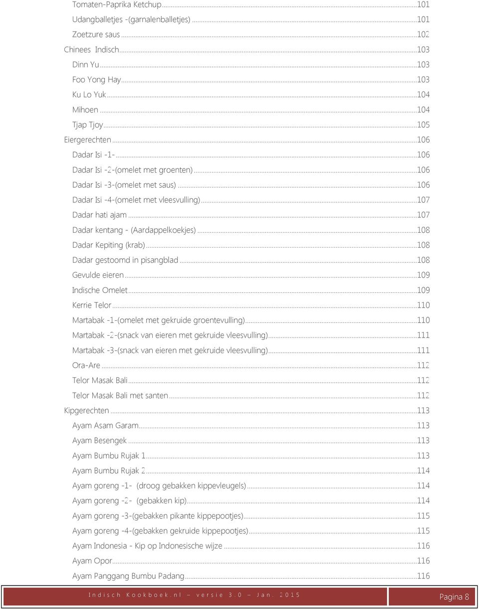 ..107 Dadar kentang - (Aardappelkoekjes)...108 Dadar Kepiting (krab)...108 Dadar gestoomd in pisangblad...108 Gevulde eieren...109 Indische Omelet...109 Kerrie Telor.