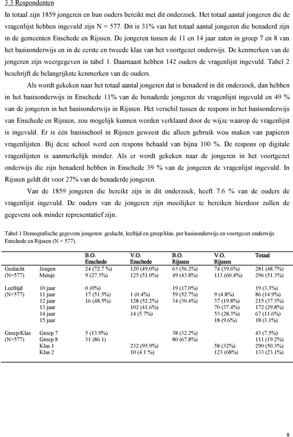 De jongeren tussen de 11 en 14 jaar zaten in groep 7 en 8 van het basisonderwijs en in de eerste en tweede klas van het voortgezet onderwijs. De kenmerken van de jongeren zijn weergegeven in tabel 1.