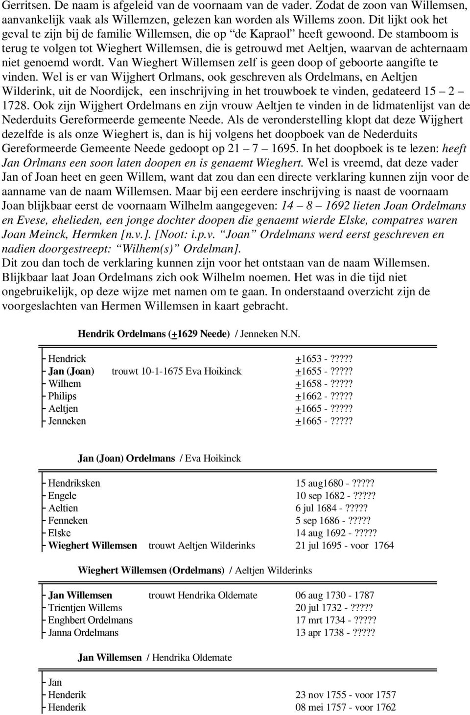 De stamboom is terug te volgen tot Wieghert Willemsen, die is getrouwd met Aeltjen, waarvan de achternaam niet genoemd wordt. Van Wieghert Willemsen zelf is geen doop of geboorte aangifte te vinden.