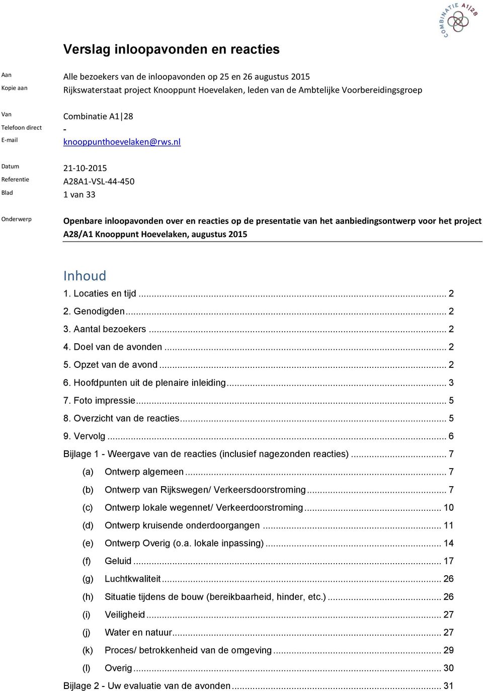 nl Datum 21-10-2015 Referentie A28A1-VSL-44-450 Blad 1 van 33 Onderwerp Openbare inloopavonden over en reacties op de presentatie van het aanbiedingsontwerp voor het project A28/A1 Knooppunt