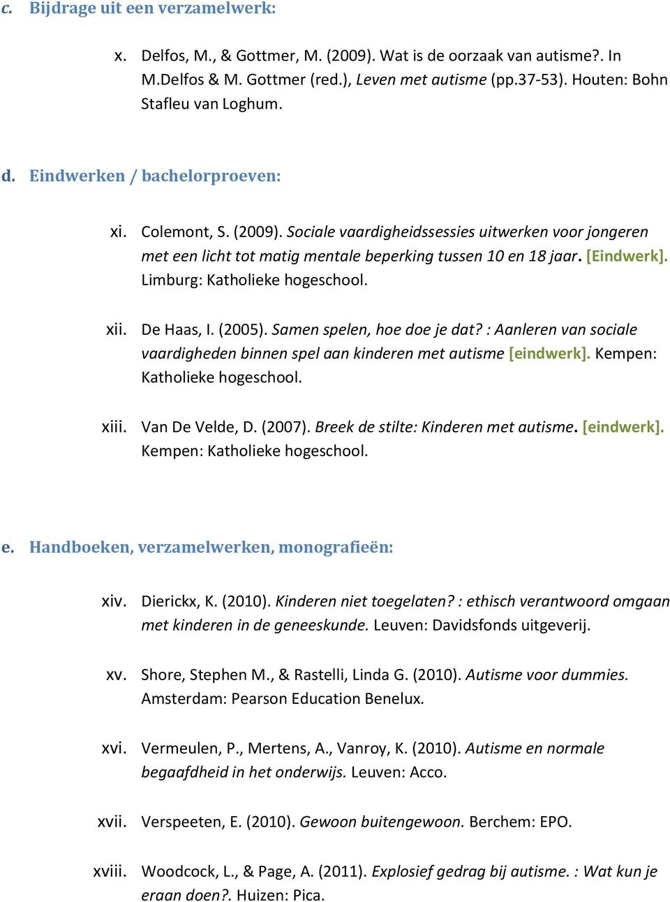 Limburg: Katholieke hogeschool. xii. De Haas, I. (2005). Samen spelen, hoe doe je dat? : Aanleren van sociale vaardigheden binnen spel aan kinderen met autisme [eindwerk].
