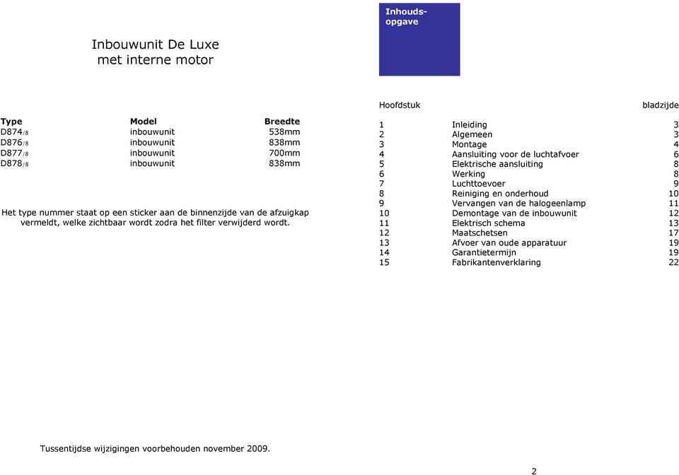 1 Inleiding 3 2 Algemeen 3 3 Montage 4 4 Aansluiting voor de luchtafvoer 6 5 Elektrische aansluiting 8 6 Werking 8 7 Luchttoevoer 9 8 Reiniging en onderhoud 10 9 Vervangen van de