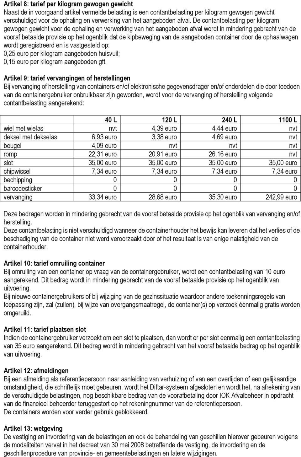 De contantbelasting per kilogram gewogen gewicht voor de ophaling en verwerking van het aangeboden afval wordt in mindering gebracht van de vooraf betaalde provisie op het ogenblik dat de kipbeweging