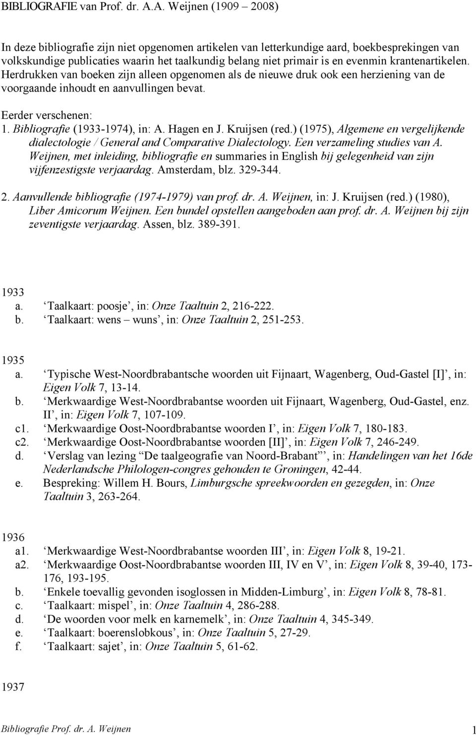 A. Weijnen (1909 2008) In deze bibliografie zijn niet opgenomen artikelen van letterkundige aard, boekbesprekingen van volkskundige publicaties waarin het taalkundig belang niet primair is en evenmin