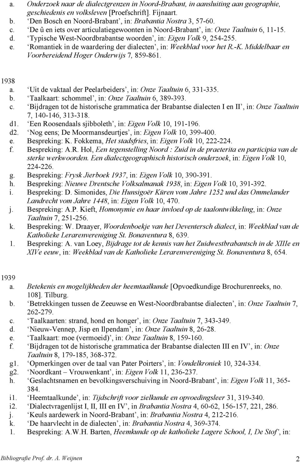 -K. Middelbaar en Voorbereidend Hoger Onderwijs 7, 859-861. 1938 a. Uit de vaktaal der Peelarbeiders, in: Onze Taaltuin 6, 331-335. b. Taalkaart: schommel, in: Onze Taaltuin 6, 389-393. c.