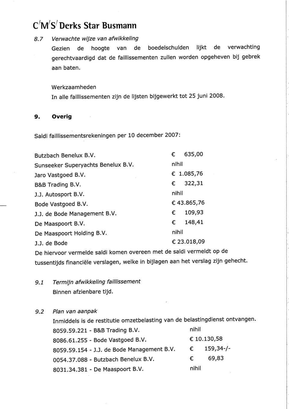 In alle faillissementen zijn de lijsten bijgewerkt tot 25 juni 2008. 9. Overig Saldi faillissementsrekeningen per 10 december 2007l. Butzbach Benelux B.V.