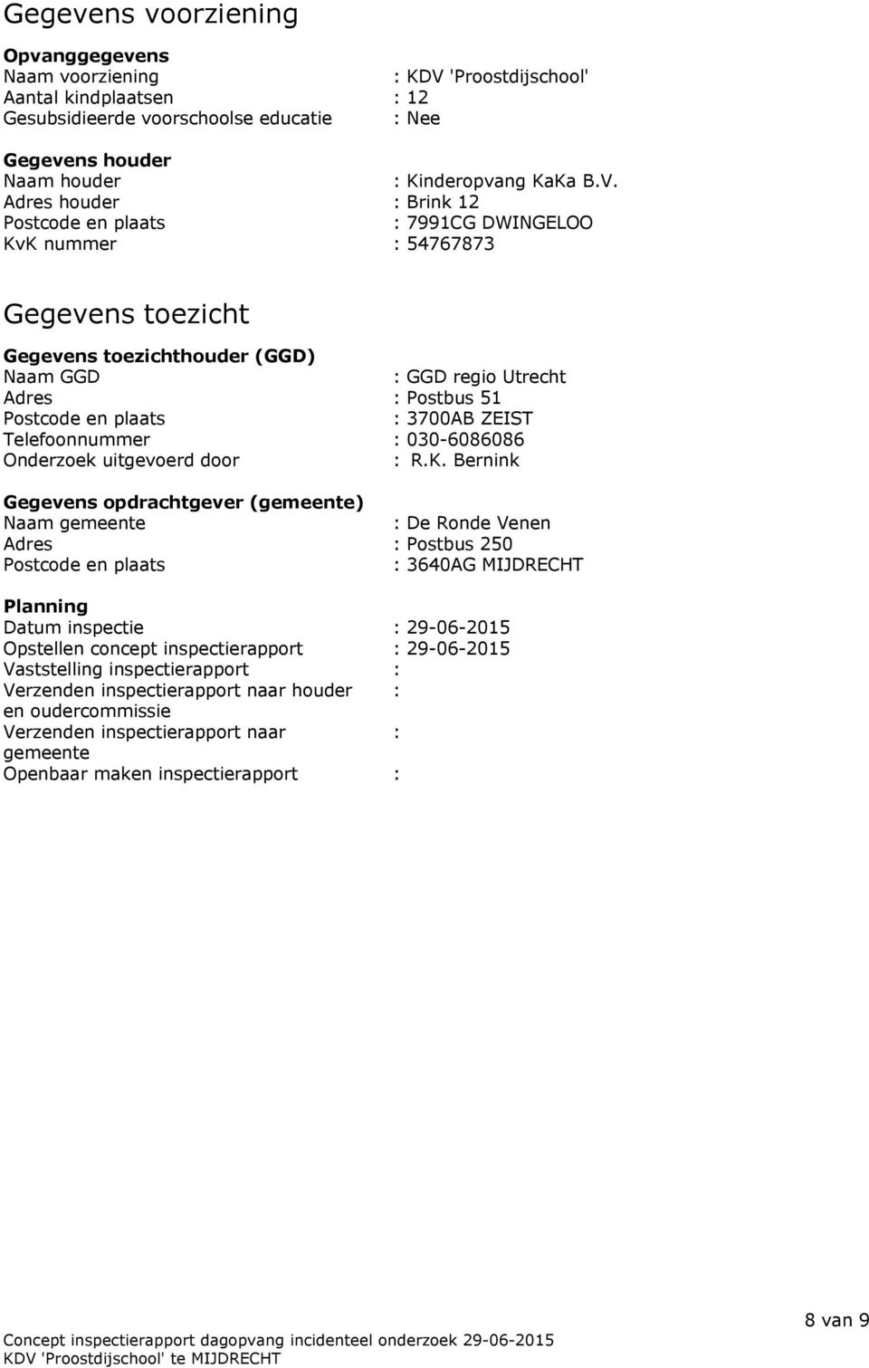 Adres houder : Brink 12 Postcode en plaats : 7991CG DWINGELOO KvK nummer : 54767873 Gegevens toezicht Gegevens toezichthouder (GGD) Naam GGD : GGD regio Utrecht Adres : Postbus 51 Postcode en plaats