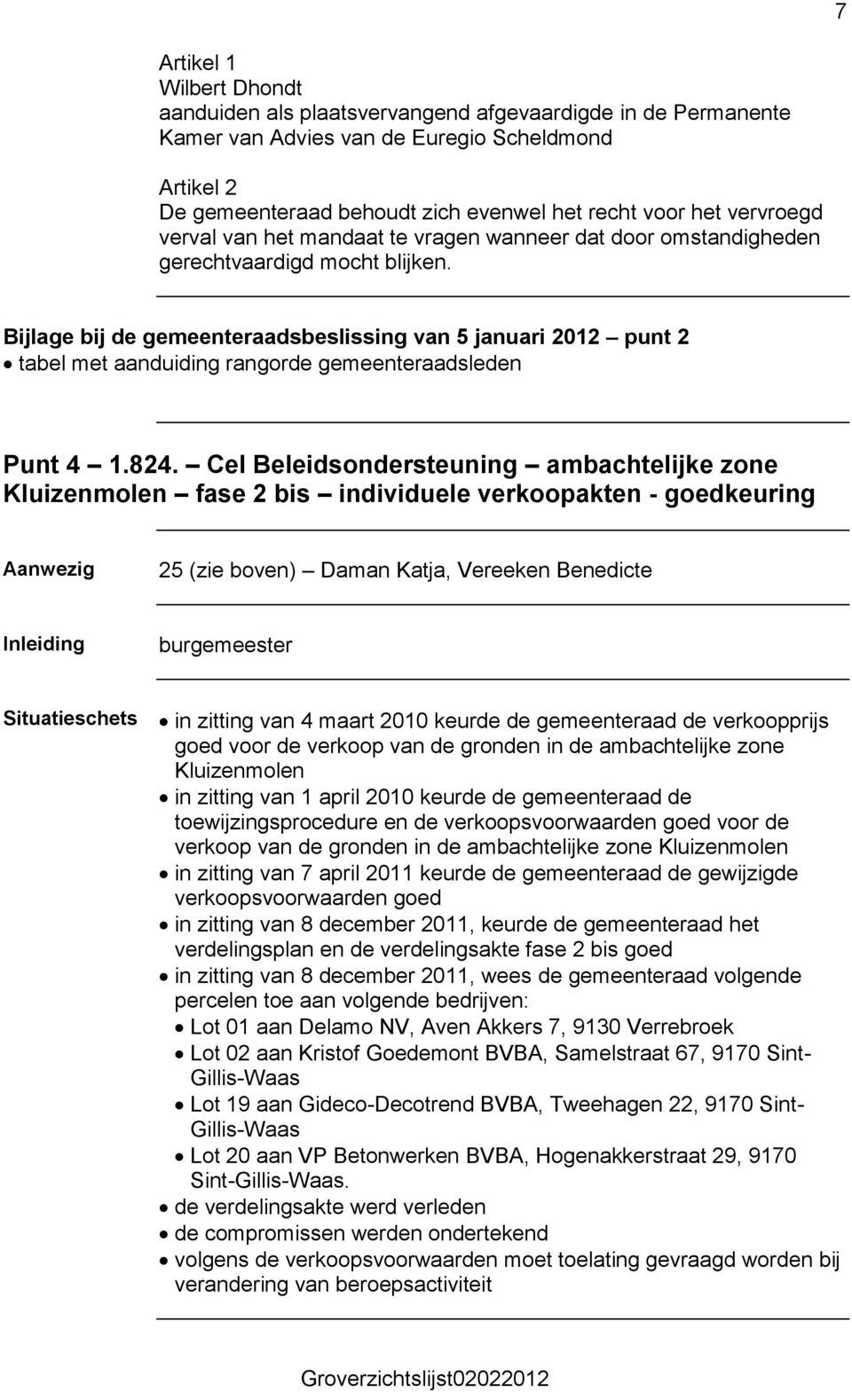Bijlage bij de gemeenteraadsbeslissing van 5 januari 2012 punt 2 tabel met aanduiding rangorde gemeenteraadsleden Punt 4 1.824.